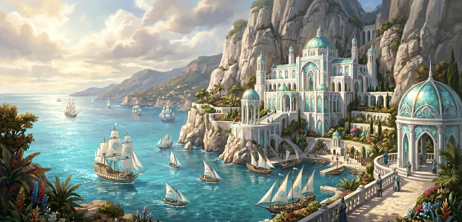 A brilliant white and sea-glass palace built into a coastal cliff, overlooking turquoise waters dotted with naval ships.